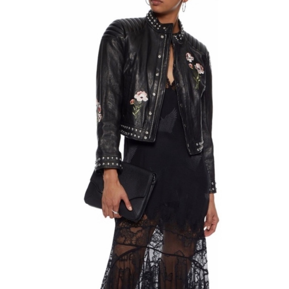 Cinq a Sept Lambskin Embroidered Studded Kinu Moto Jacket 100% Butter Leather M